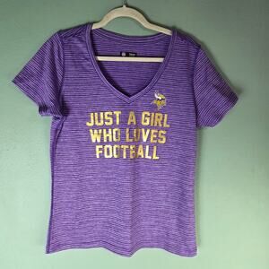 NFL Womens Purple Minnesota Vikings Football V-Neck Striped Top Large Sporty